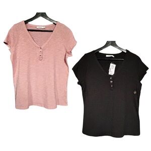 Two Rickis 3-Button V-Neck T-Shirts Size Medium, One Black, One Soft Pink